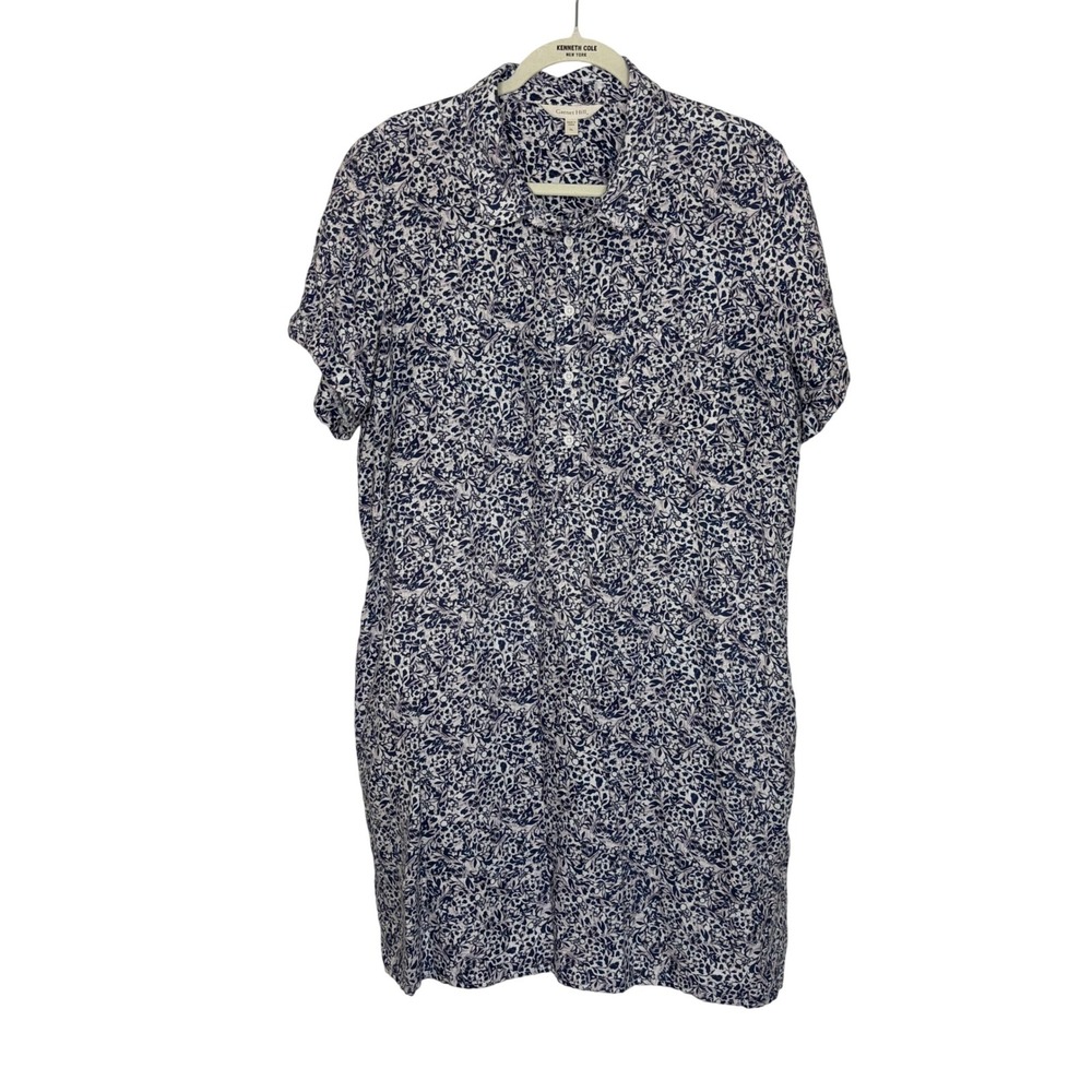 Garnet Hill Blue White Floral Linen Shirt Dress XL Coastal Boho